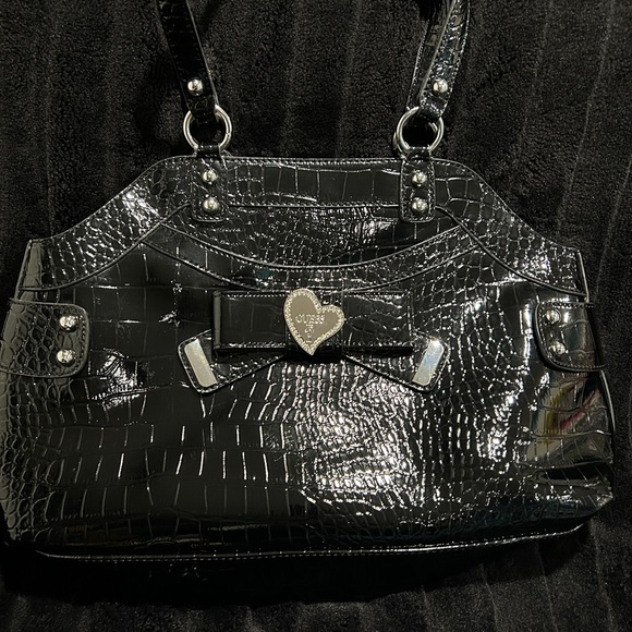 GUESS Black Patent Croc-Embossed Shoulder Bag with Silver Heart Detail - Picture 1 of 10